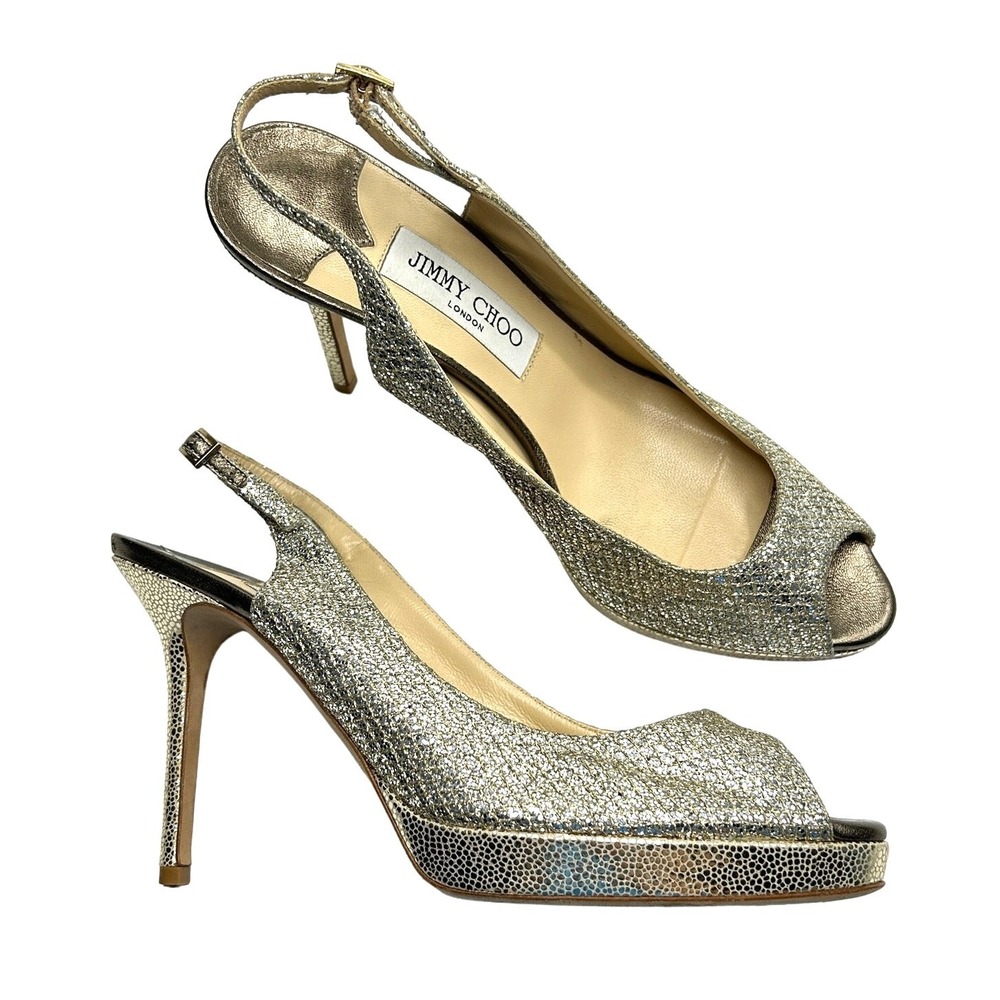 Jimmy Choo Womens Nova Gold Glitter Slingback Heels Peep Toe Size 40 / US 9